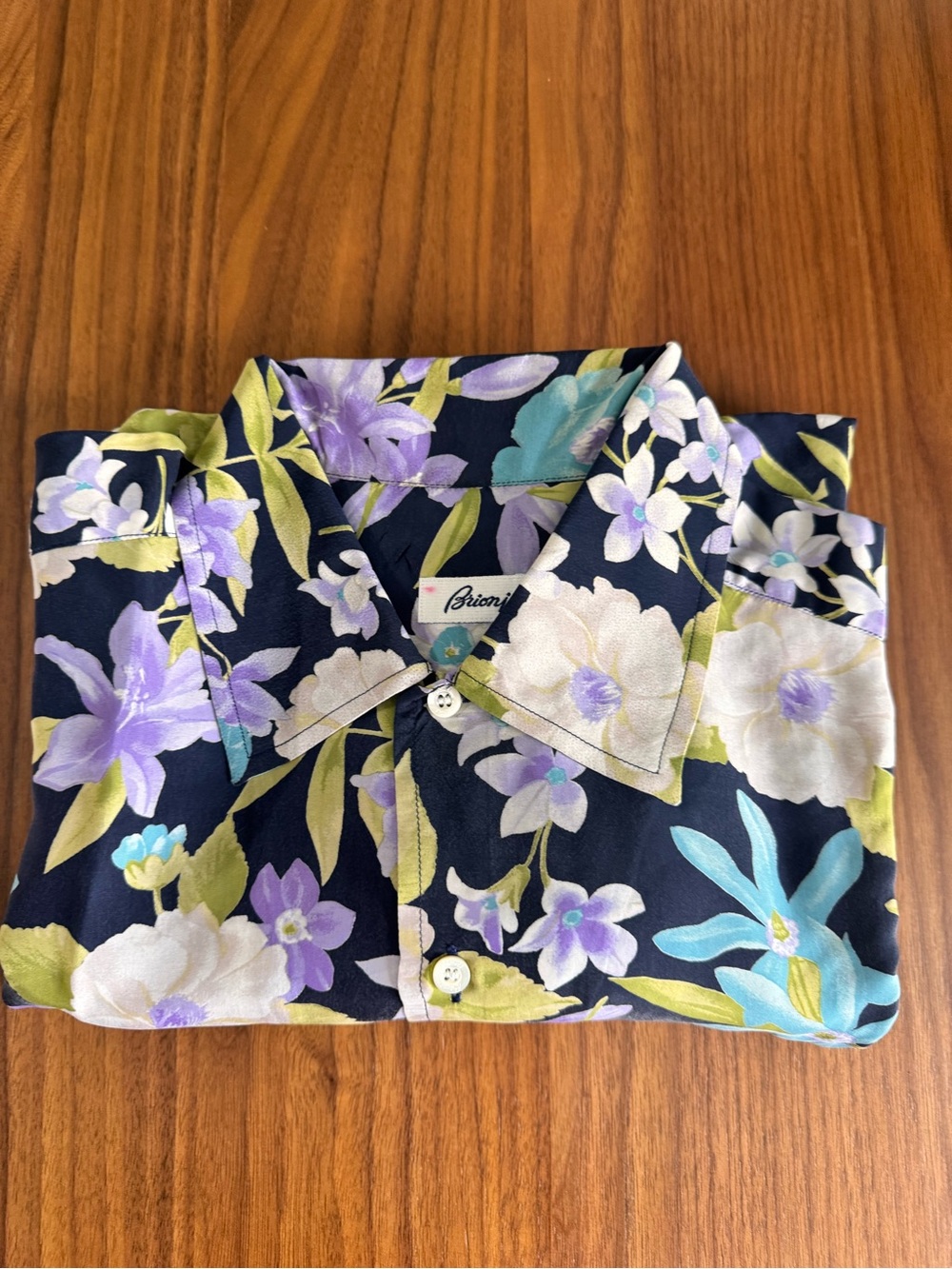 Brioni Navy Floral Short-Sleeve Button-Down Shirt with Pastel Blooms